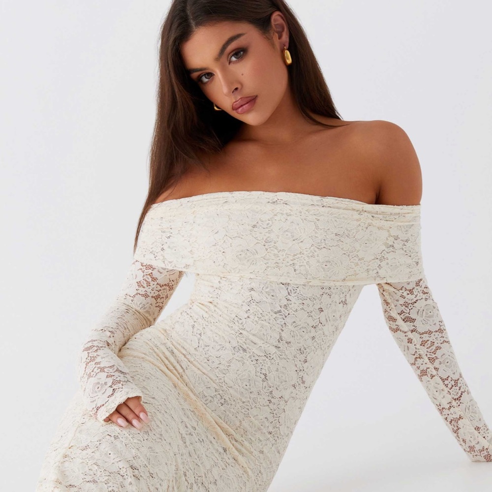 Peppermayo Off-Shoulder Lace Dress in Cream